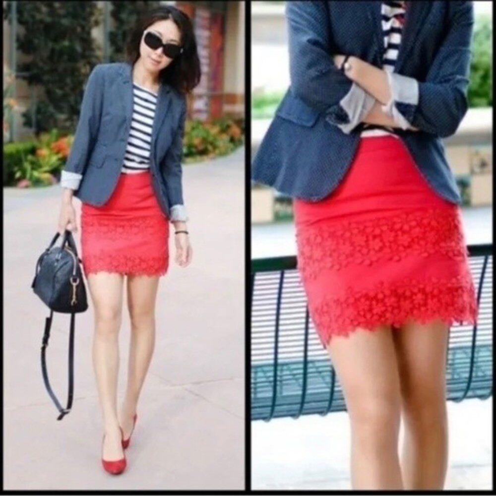 J. Crew Red Daisy Floral Crochet Lace Mini Skirt Size 6